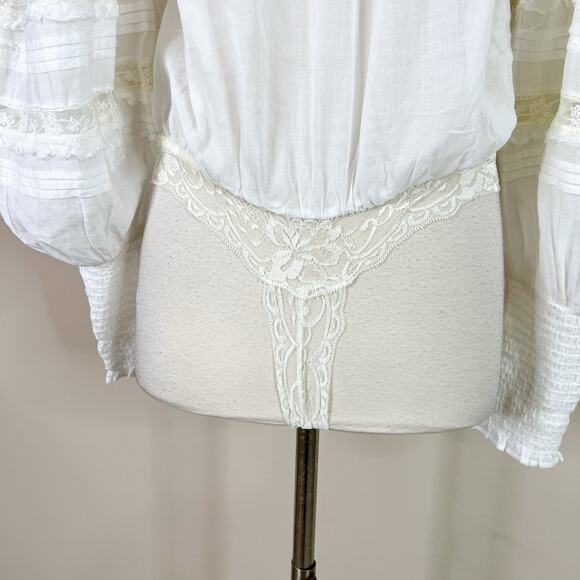 NEW Free People | Eloise White Lace Puff Sleeve V Neck Semi Sheer Bodysuit Top - Picture 9 of 12